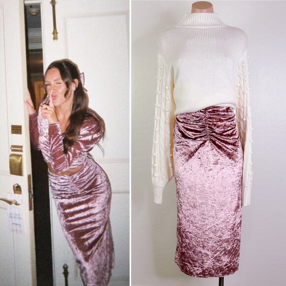 WAYF x Emma Rose Samantha Ruched Crushed Velvet Slit Midi Skirt Pink Medium NWT - Picture 1 of 12